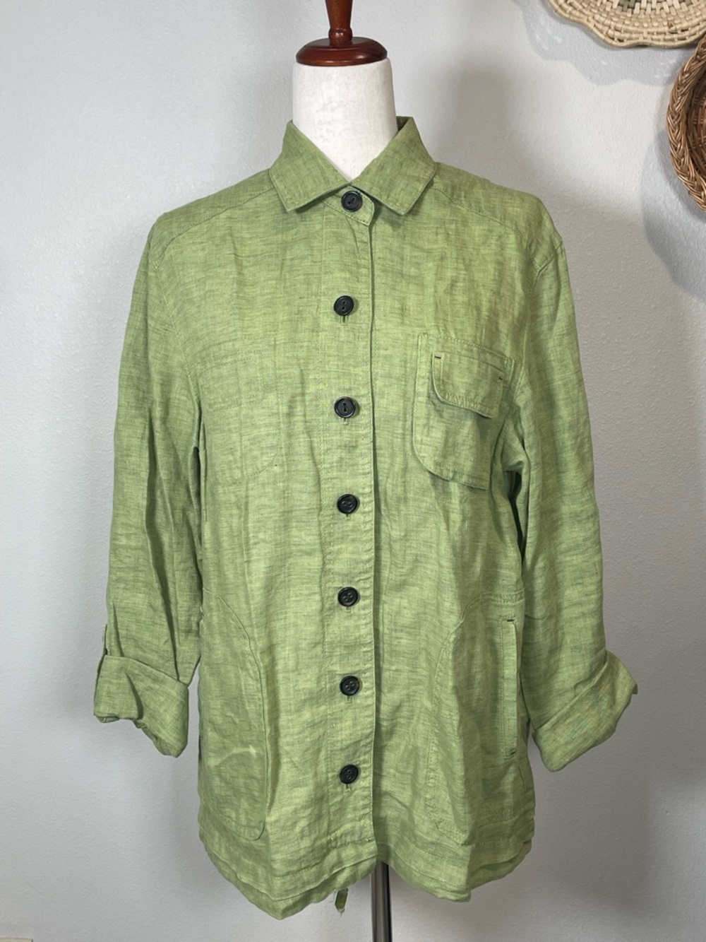 Coldwater Creek Chartreuse Green Linen Button Up Lightweight Jacket Size Medium